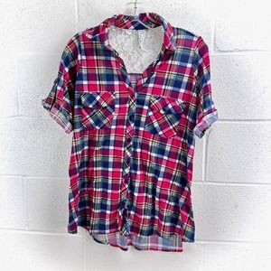 R&B Shirt Sleeve Red Plaid Button Front Top Blouse Lace Appliqué Plus Sz 1X